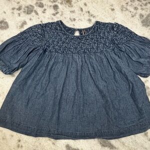 Anthropologie Liza Smocked Puff-Sleeved Denim Blouse